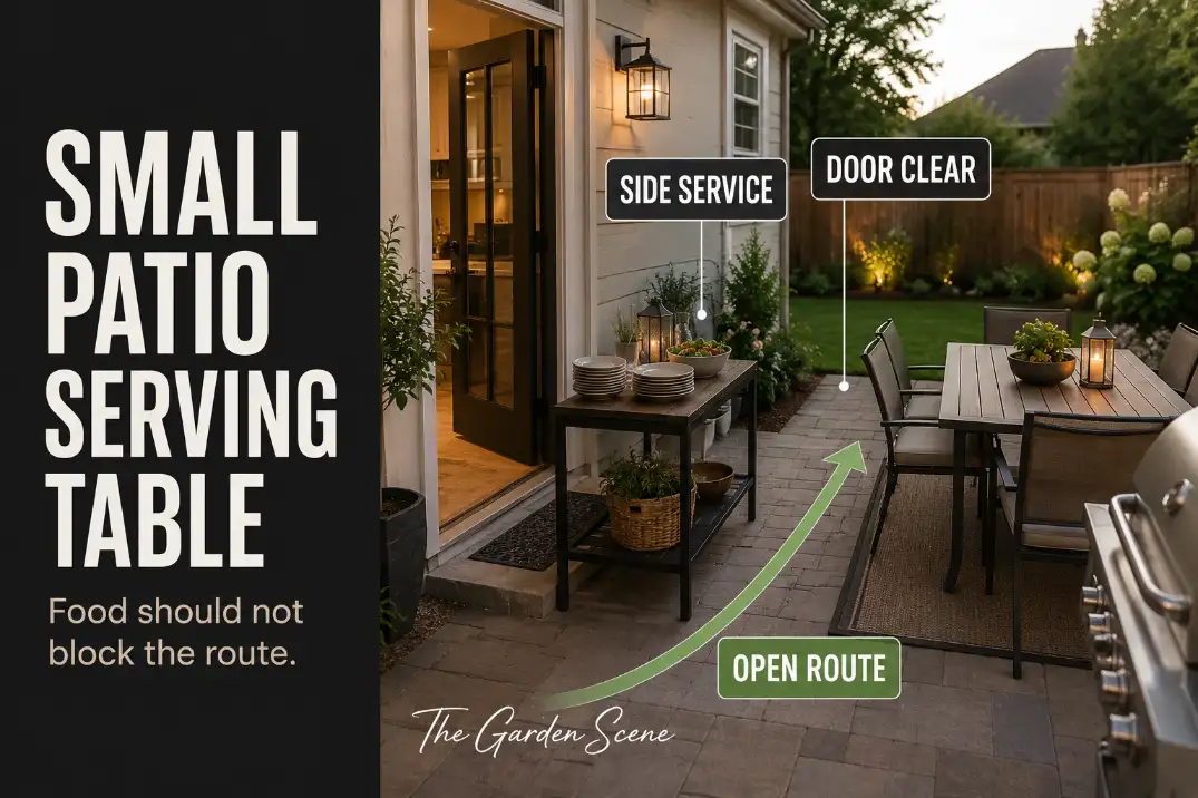 Small patio serving table creating a pinch point between the back door route and dining chairs.