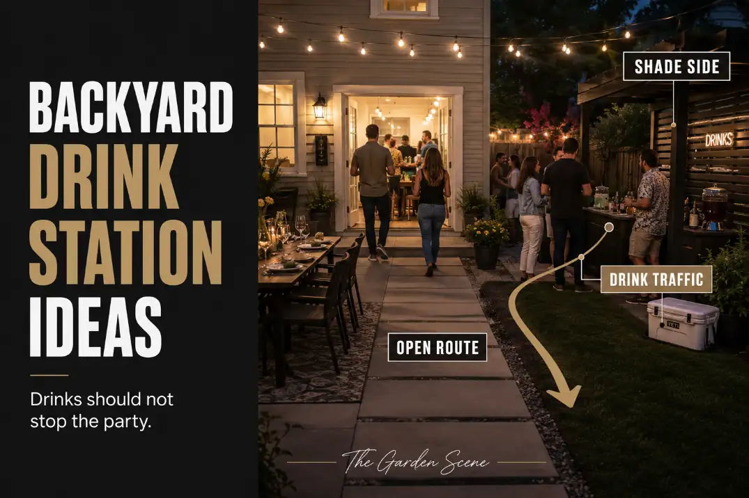 Backyard drink station placed beside an open patio route with labels showing drink traffic, shade side, and clear guest movement.