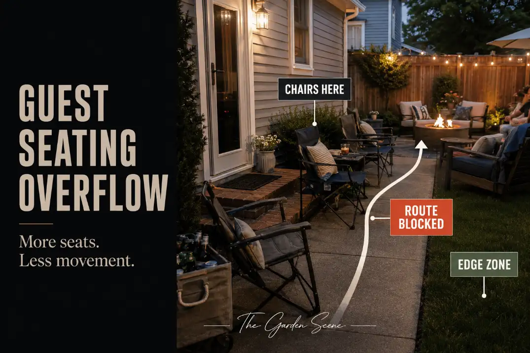 Small backyard patio where extra guest chairs block the route from the back door instead of staying in an edge seating zone.