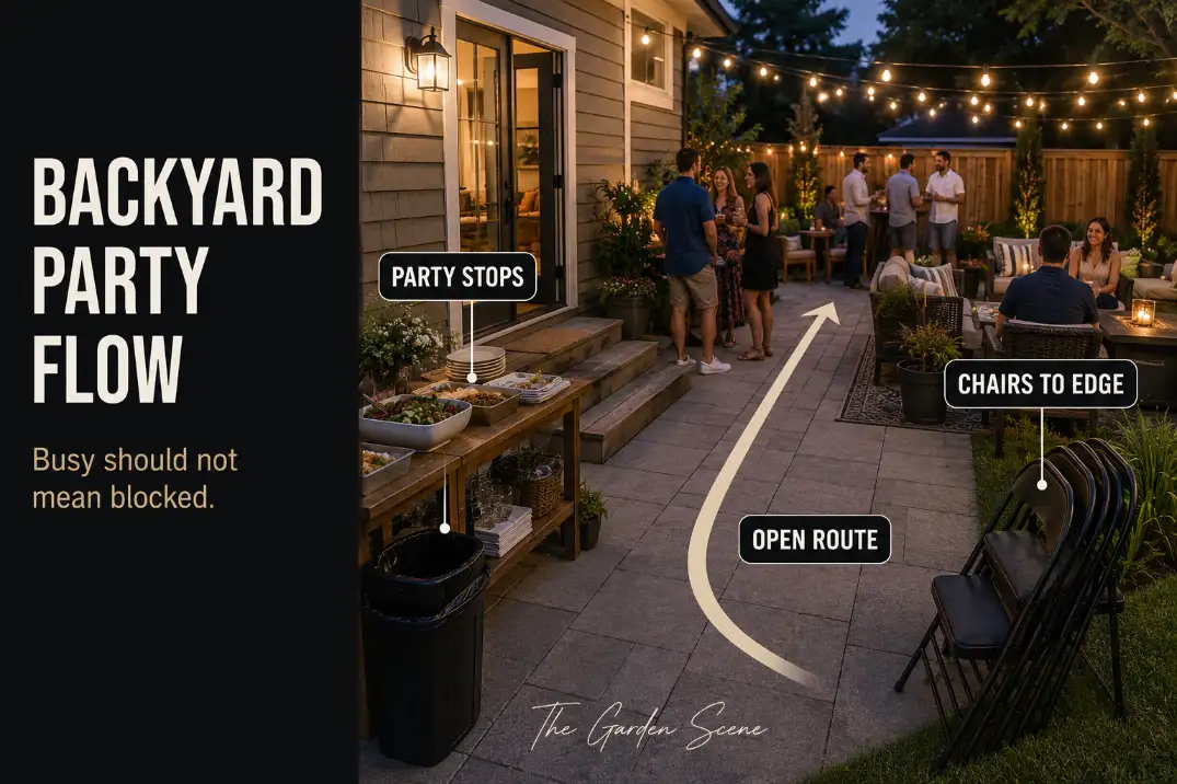 Backyard patio party with clear walking route, side serving station, visible trash stop, and extra chairs staged at the edge to avoid clutter.
