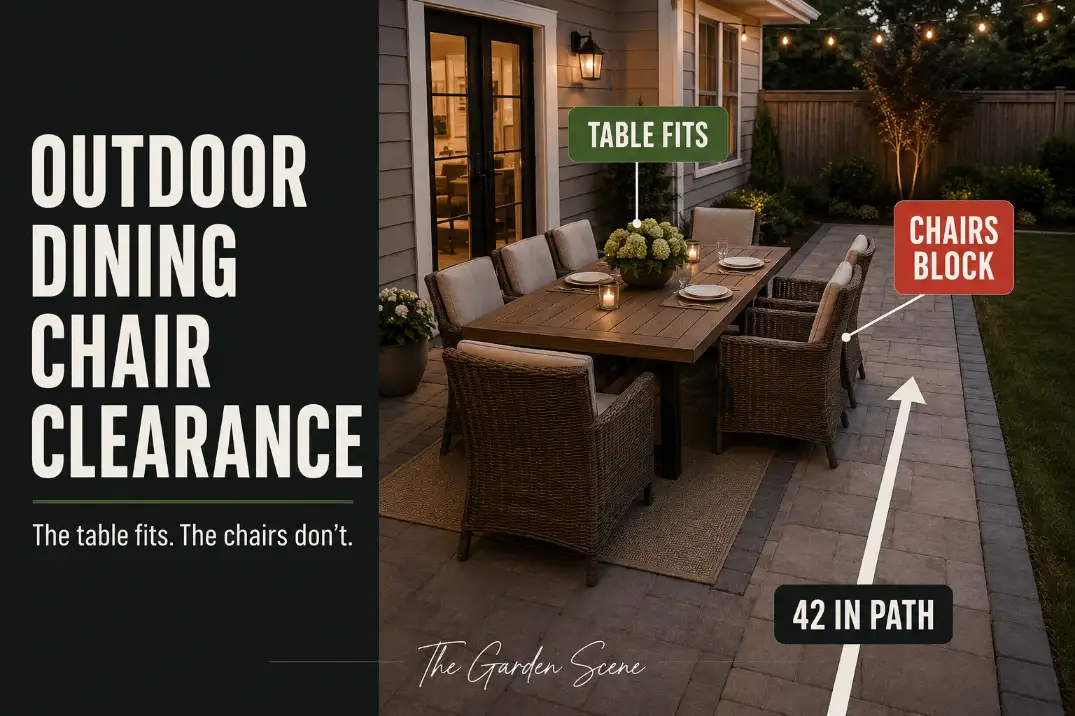 Outdoor dining chair clearance problem on a backyard patio where pulled-back chairs block the guest walking path.