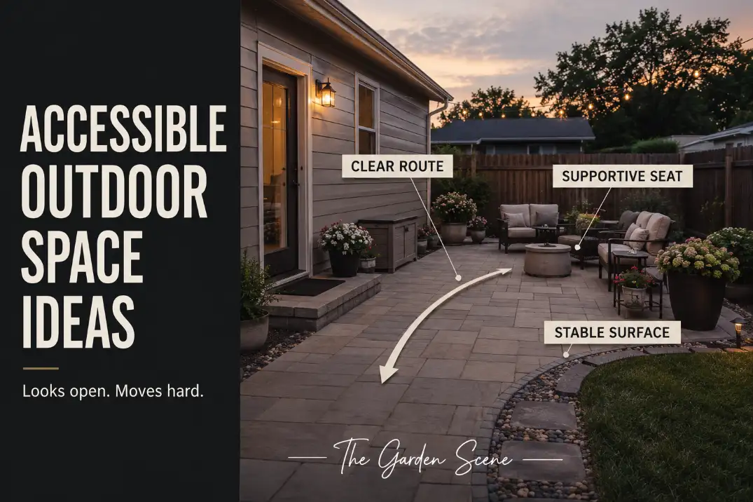 Accessible backyard patio with a clear walking route, supportive outdoor seating, and a stable surface for easier movement.