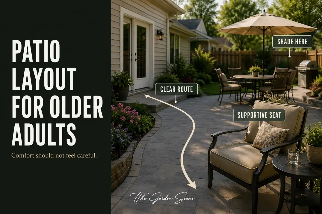 Patio layout for older adults showing a clear route from the back door to a supportive shaded chair and reachable side table.