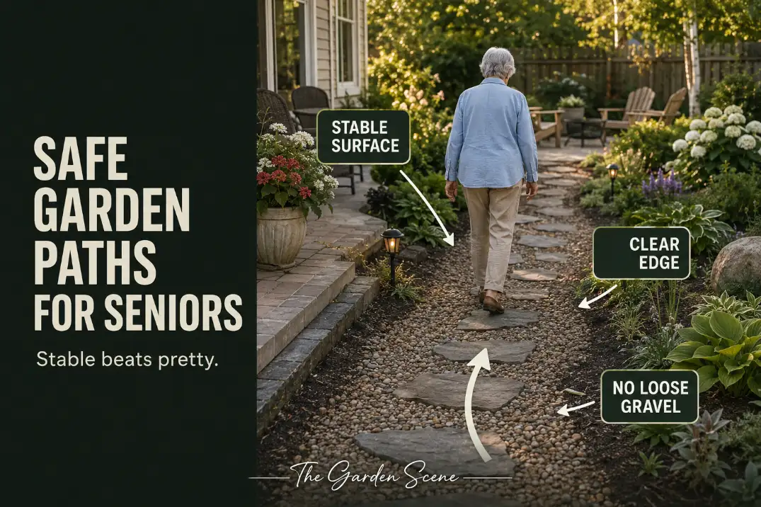 Safe garden path for seniors with a stable surface, clear edges, and loose gravel shown as the main safety issue.