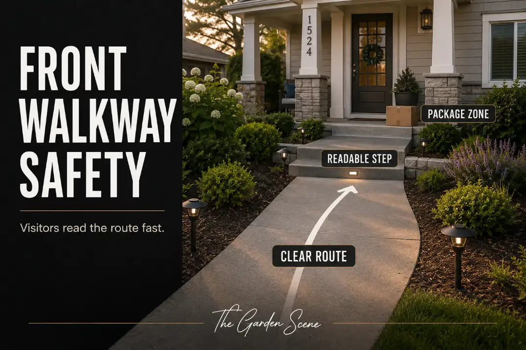 Front walkway safety layout with a clear visitor route, readable step, package zone, and plants kept away from foot space.