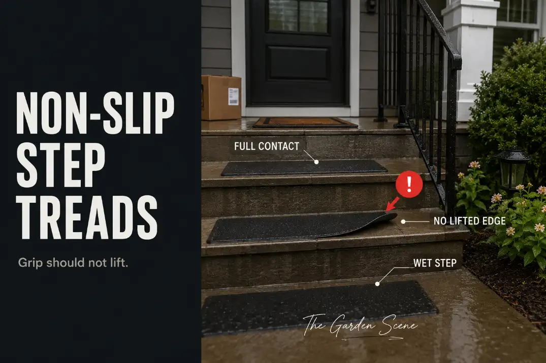Non-slip step treads on wet outdoor porch steps with one lifted tread edge showing how poor contact can create a trip hazard.