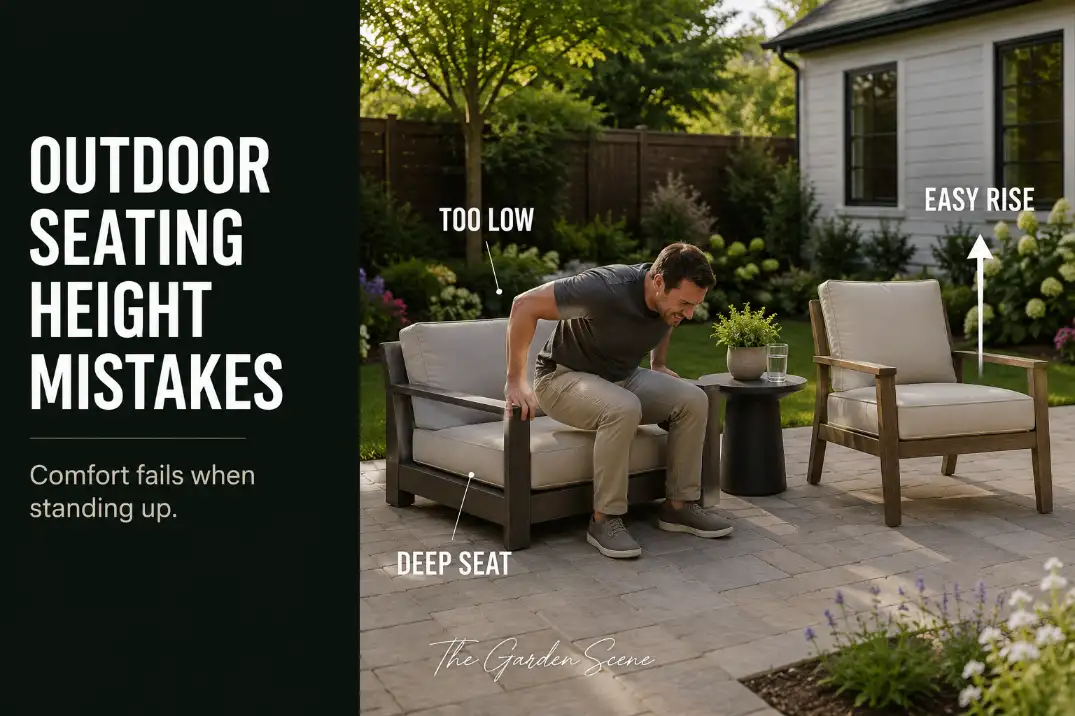 Outdoor patio seating height mistake showing a low deep chair that makes standing up harder beside an easier upright chair.