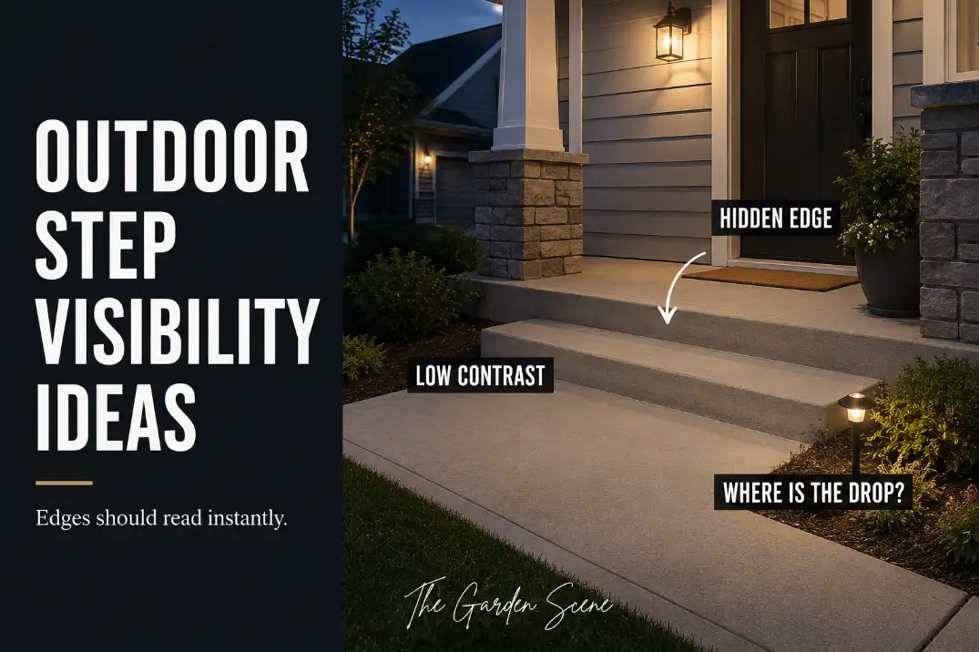 Outdoor front entry steps at dusk where low contrast makes the step edge hard to see from the walkway.