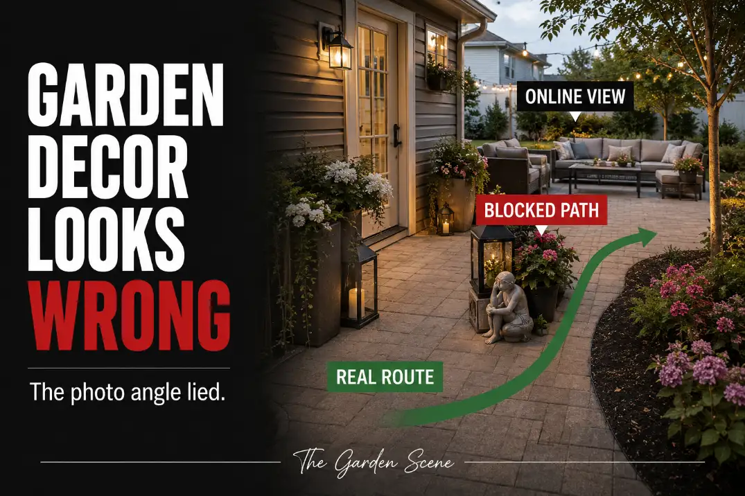 Garden decor arranged attractively for an online photo but blocking the everyday route across a backyard patio.