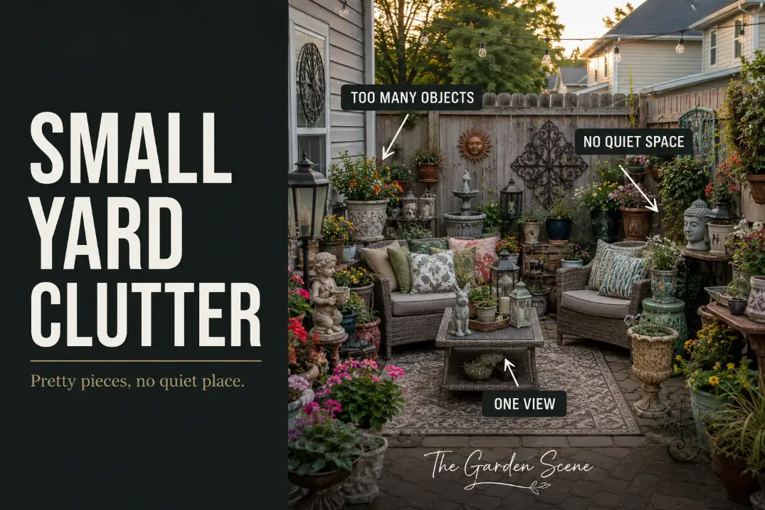 Small backyard garden crowded with too many decorative objects, planters, lanterns, and statues competing in one view.