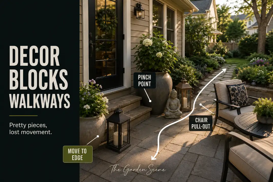 Garden decor creating a pinch point in a backyard patio walkway between the back door and seating area.