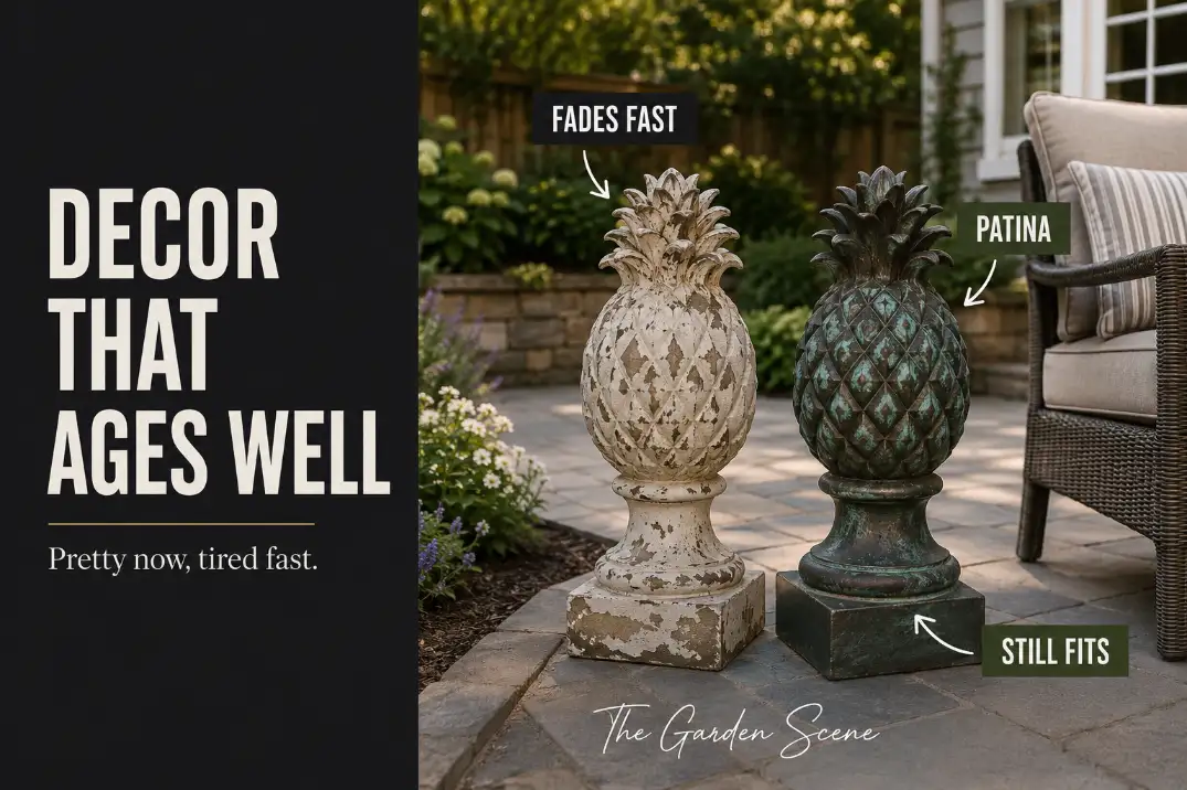 Outdoor garden decor comparison showing faded resin decor beside naturally aged stone or metal decor on a backyard patio.