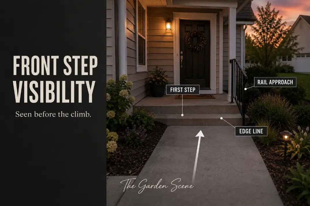 Front entry steps and handrail with labels showing the first step, rail approach, and edge line for safer visibility.