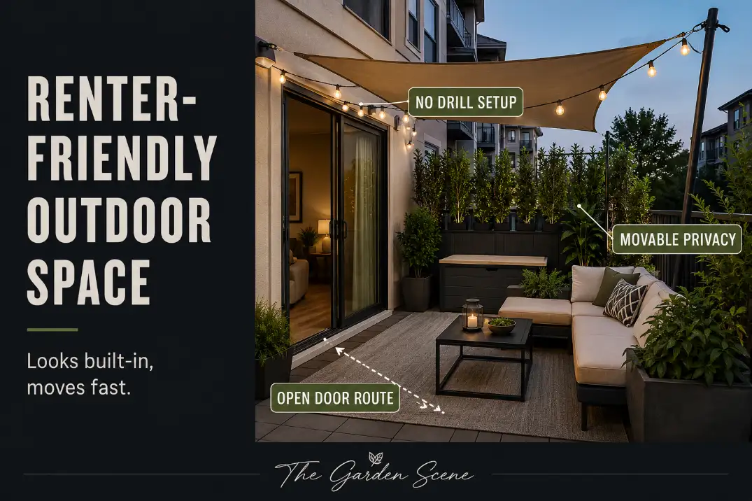 Renter-friendly outdoor patio with movable privacy, no-drill shade, removable flooring, storage, and an open door route.