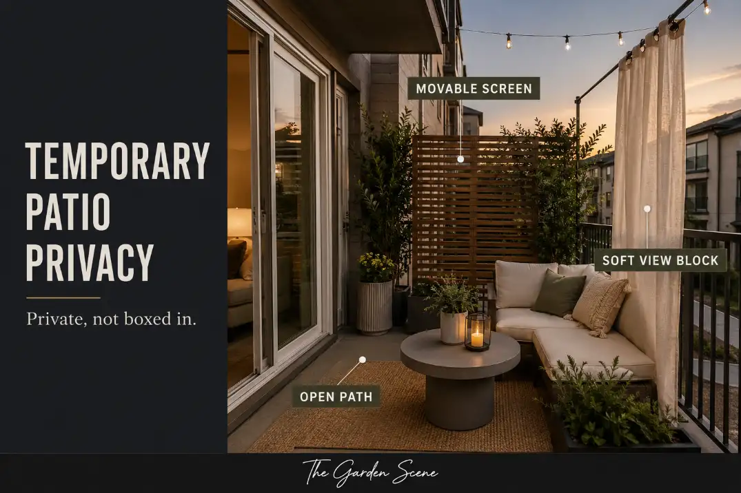 Temporary patio privacy setup with movable screens, planters, and an open walking path on a small rental patio.