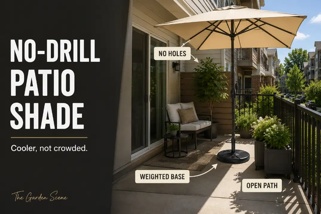 No-drill patio shade setup with a weighted umbrella base, open walking path, and shaded seating on a small townhouse patio.