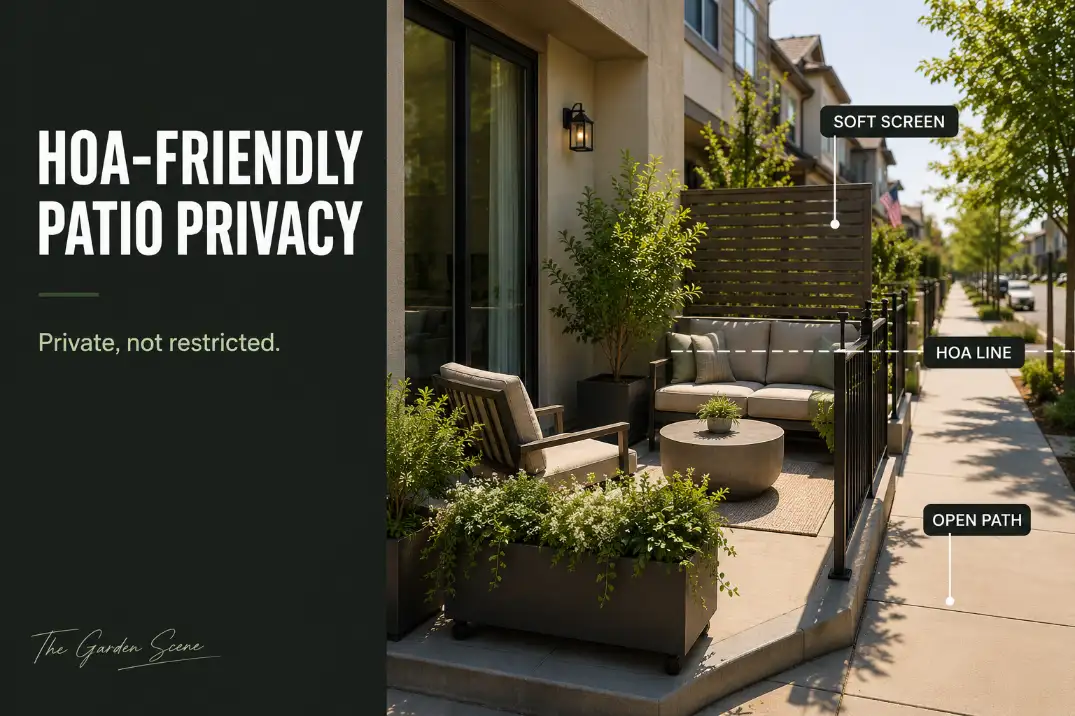 HOA-friendly patio privacy setup with movable planters, a low freestanding screen, open walking path, and clean street-facing edge.