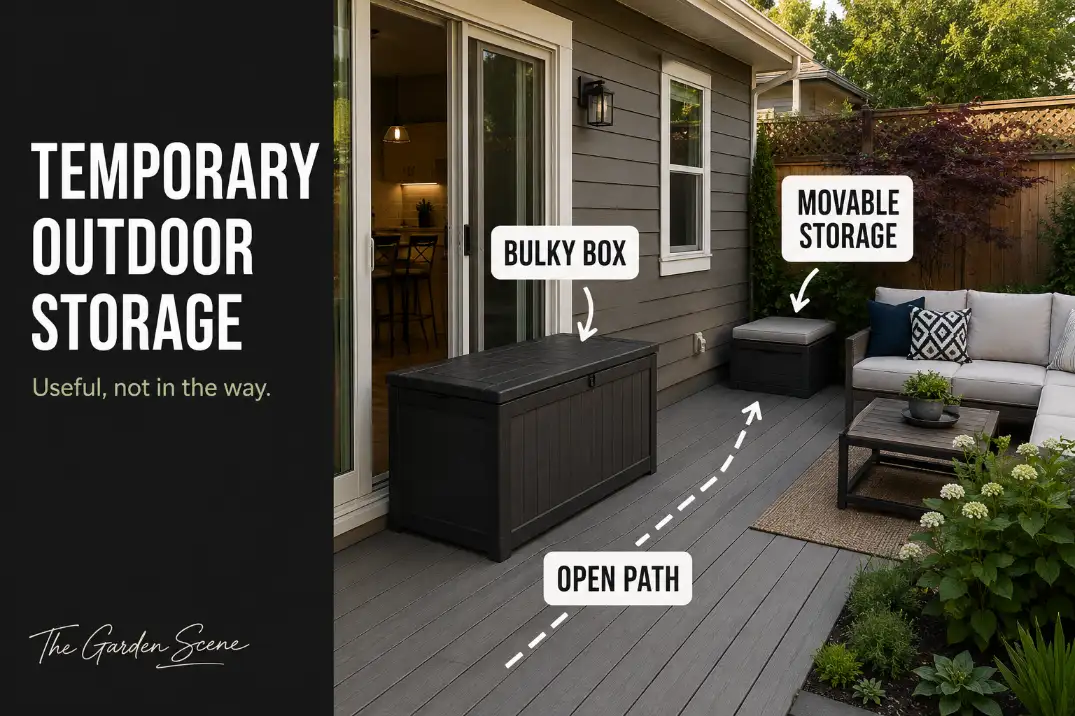 Temporary outdoor storage on a small patio showing a bulky deck box crowding the door route and a movable bench keeping the path open.