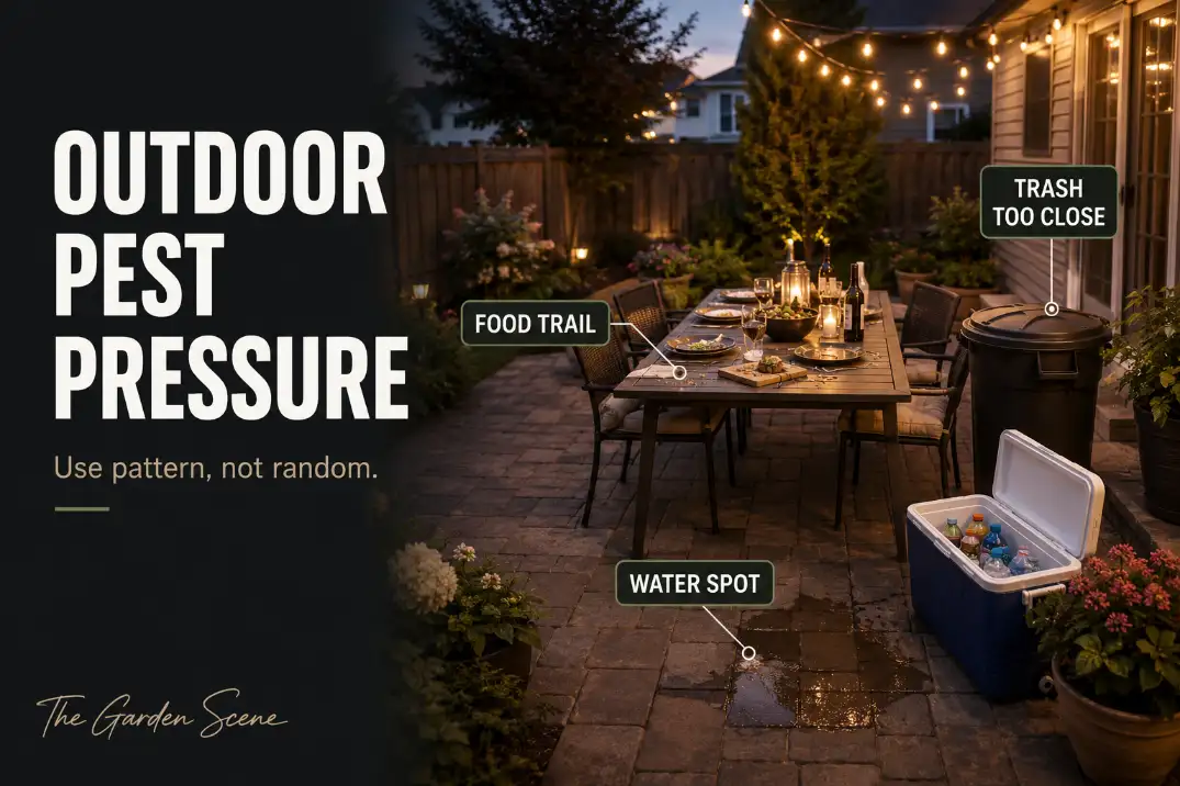 Outdoor patio dining area with trash too close, a damp paver corner, and food trail cues causing pest pressure around seating.