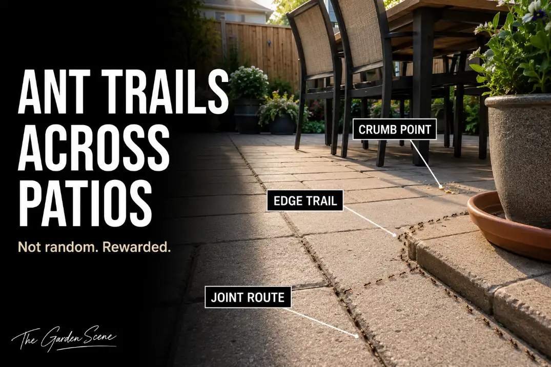 Ant trail following a paver joint across a backyard patio near crumbs, planter saucer water, and outdoor dining chairs.