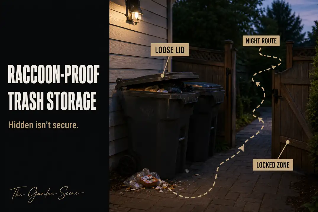 Raccoon-proof trash storage setup in a suburban side yard showing a loose bin lid, night route, and locked trash zone.