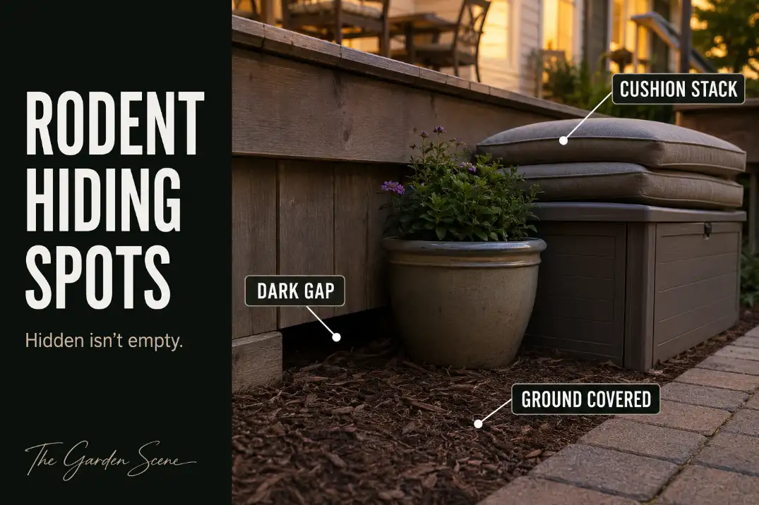 Rodent hiding spots under a backyard deck with stacked cushions, a dark gap, and covered ground near outdoor storage.