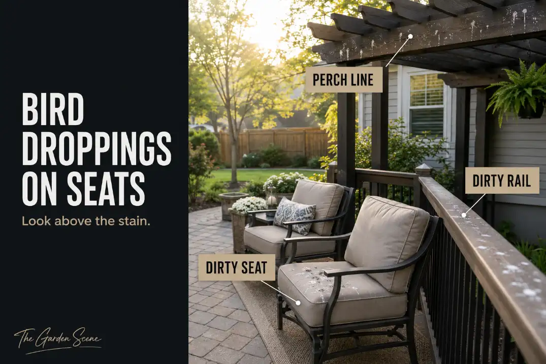 Bird droppings on patio seating and deck railings caused by a perch line above the seating area.