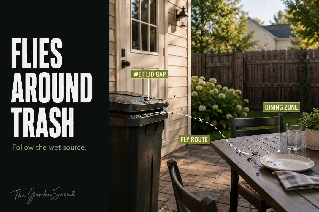 Flies moving between a damp outdoor trash bin lid gap, patio dining table, and back door route.