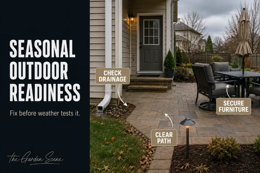 Seasonal outdoor readiness cover showing patio drainage, clear walkway access, secured furniture, and path lighting before weather shifts.