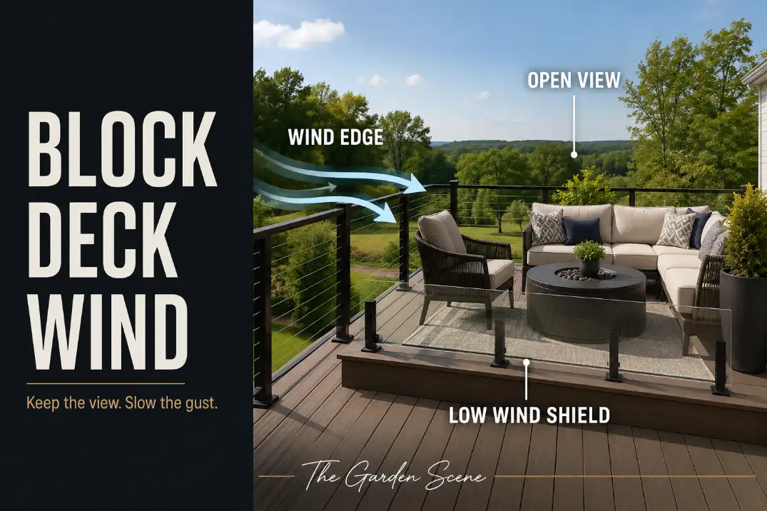 Raised backyard deck with wind crossing an open railing and a low wind shield protecting seating without blocking the view.