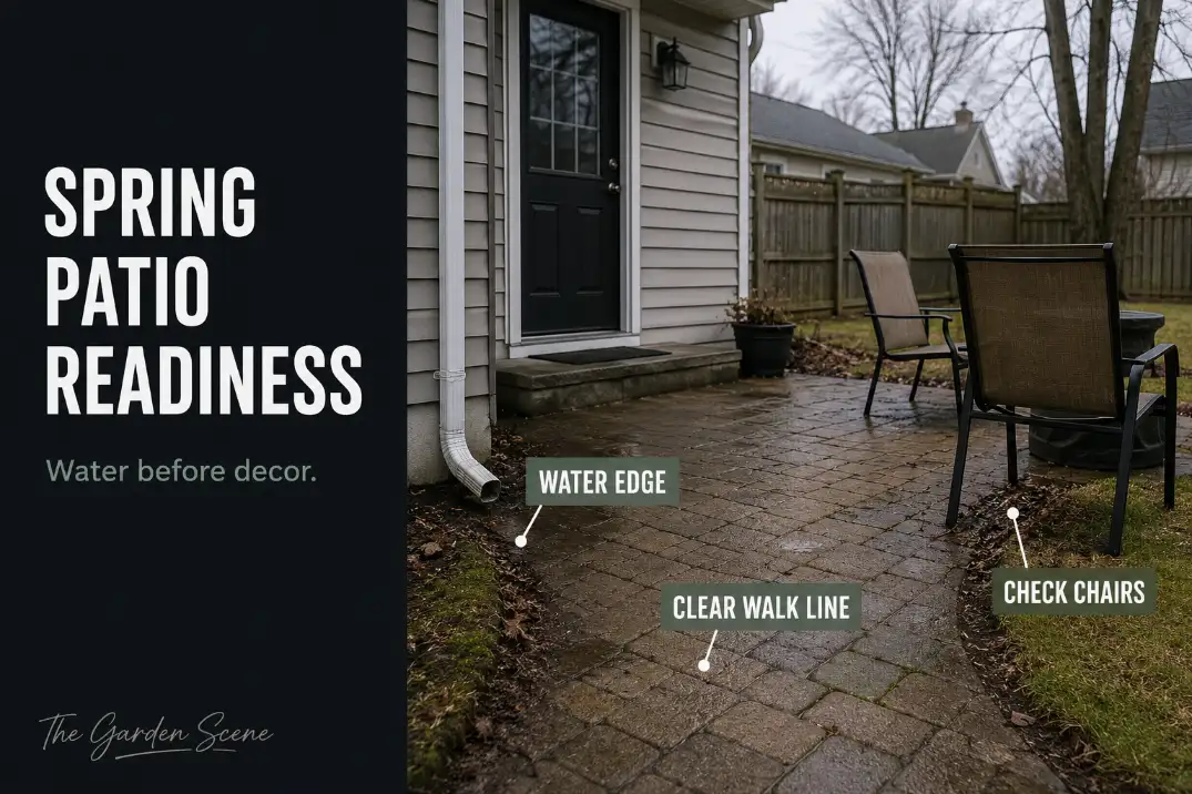 Spring patio readiness checklist showing winter damage, drainage edges, walking lines, and furniture placement being checked before patio season.