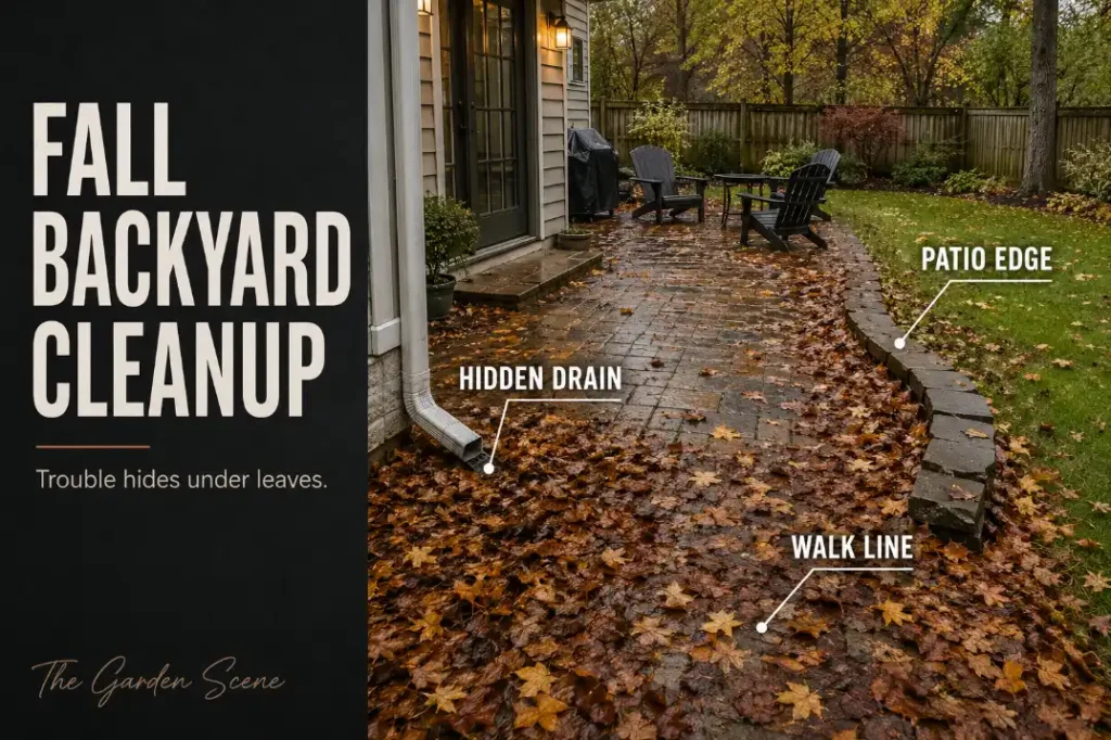 Fall backyard cleanup scene with wet leaves hiding a drainage path, patio edge, and walking line before winter.