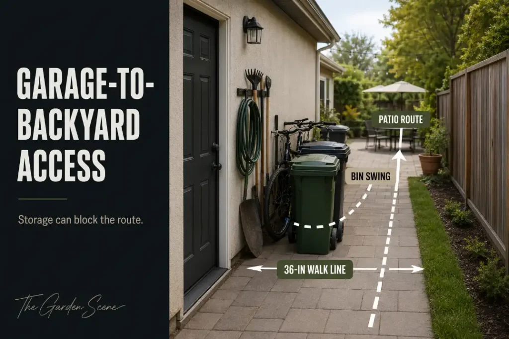 Garage side door to backyard patio route with bins, bikes, and tools pinching the 36-inch walking line.
