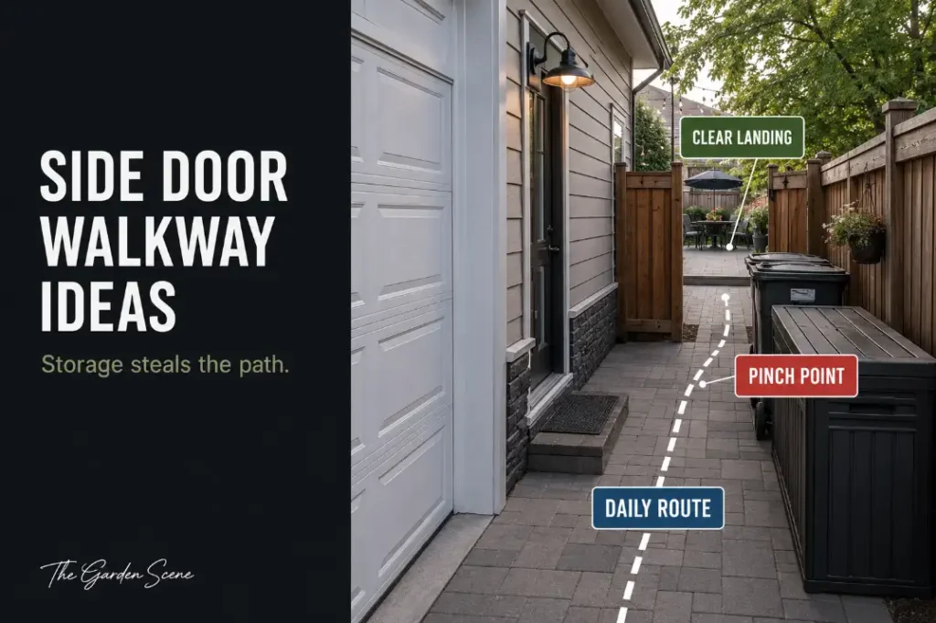 Garage side door walkway to a backyard patio with storage squeezing the daily route and clear landing marked.