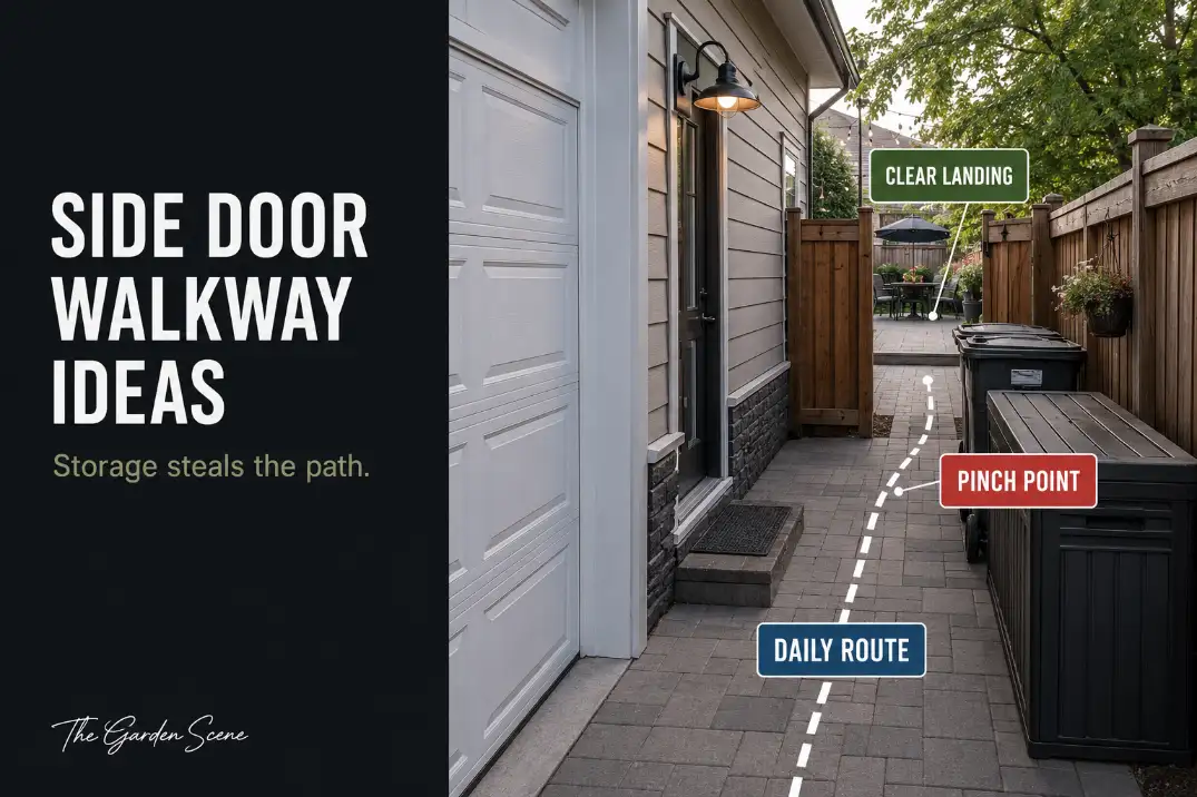 Garage side door walkway to a backyard patio with storage squeezing the daily route and clear landing marked.