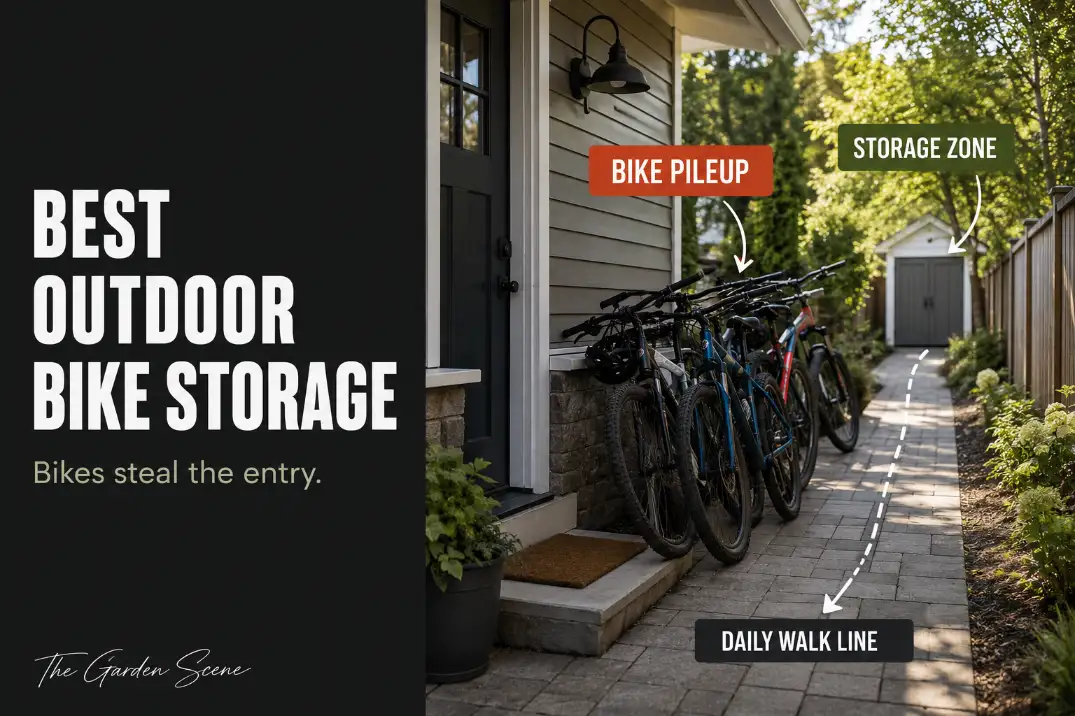 Best outdoor bike storage scene showing bikes cluttering a narrow home entry path and blocking the daily walk line.