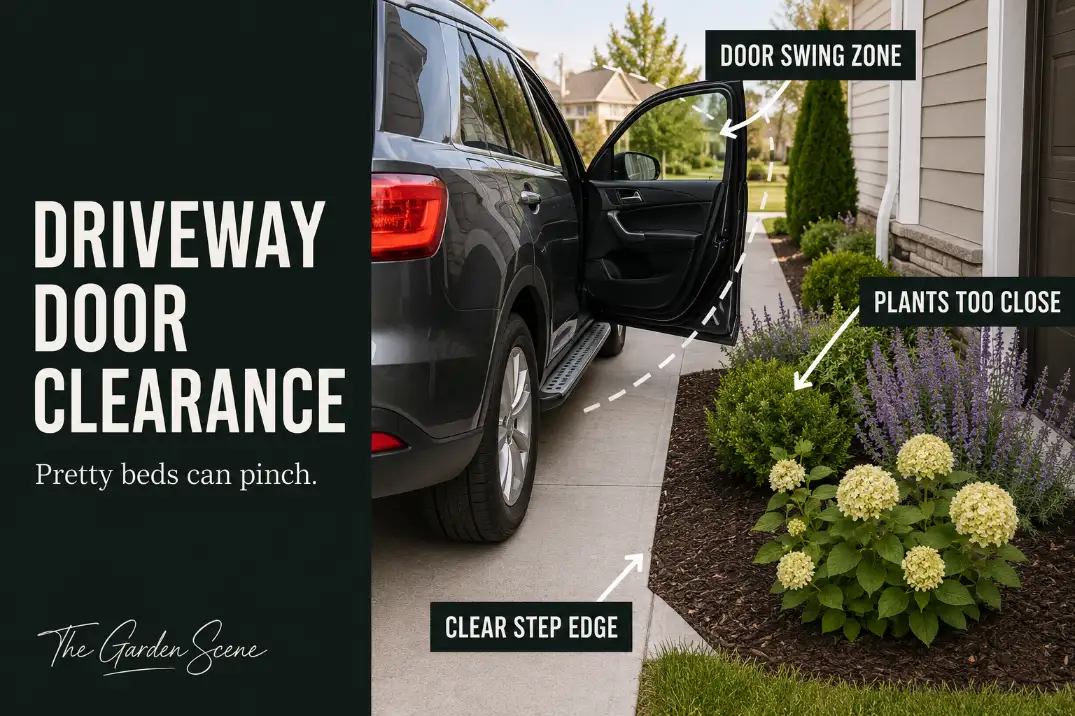 Driveway landscaping beside a parked SUV showing plants too close to the car door swing zone and step-out edge.
