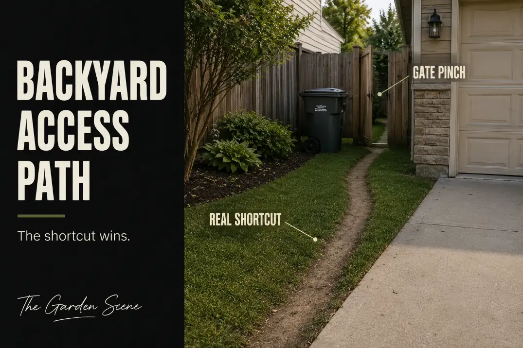 Backyard access path from a driveway showing a worn shortcut through grass, narrow gate pinch point, and trash cart wheel route.