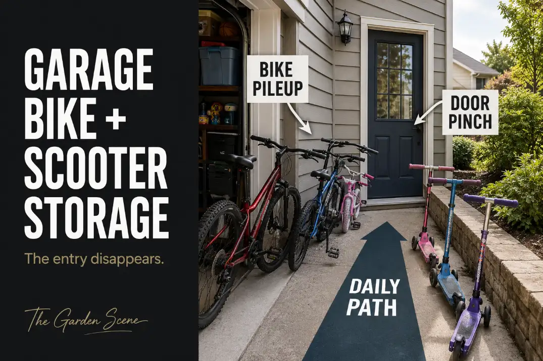 Outdoor bike and scooter storage near a garage showing bikes and scooters crowding the daily door path.