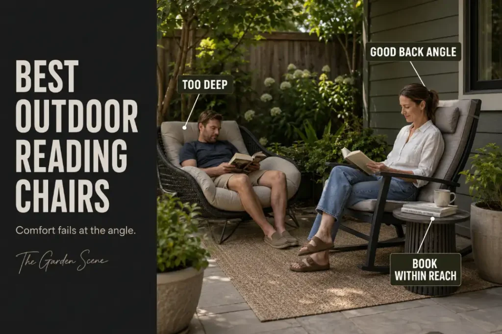Outdoor reading chairs in a quiet patio corner showing a deep slouching chair versus a supportive high-back reading chair.