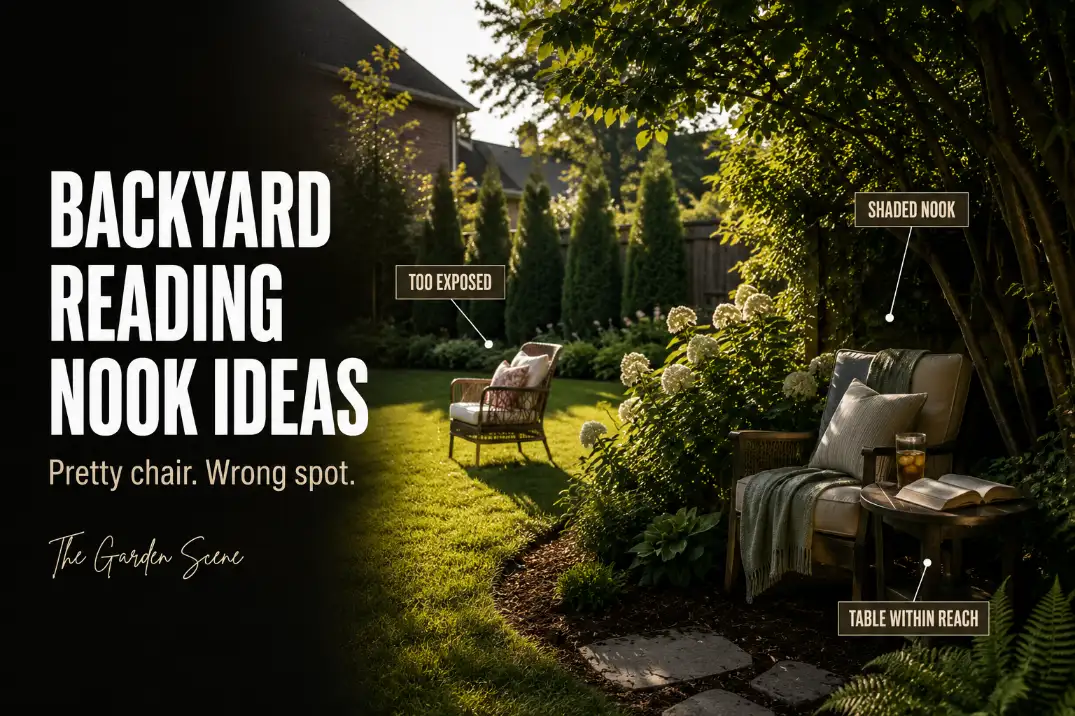 Backyard reading nook with an exposed chair compared to a shaded edge seat with a small table within reach.