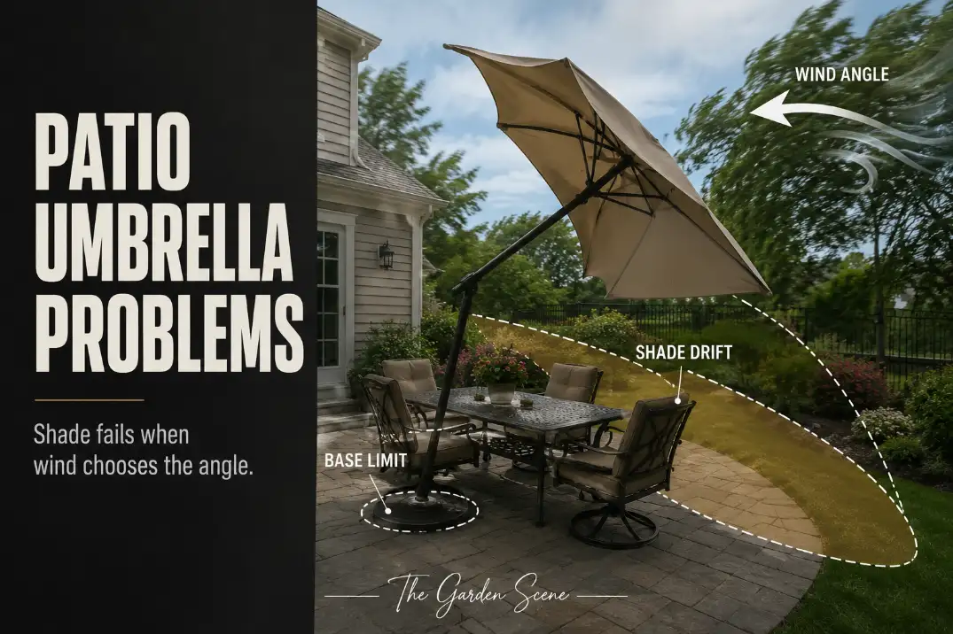 Patio umbrella leaning in a windy backyard with labels showing wind angle, shade drift, and base weight limits.