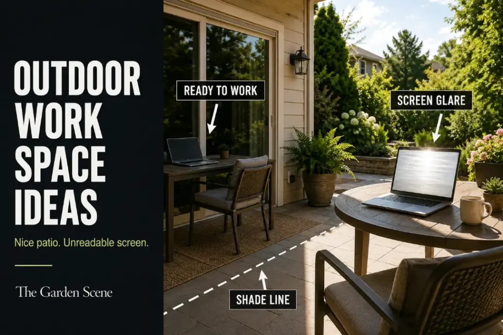 Outdoor patio work space with laptop screen glare, shade line, and a better shaded work position ready to use.