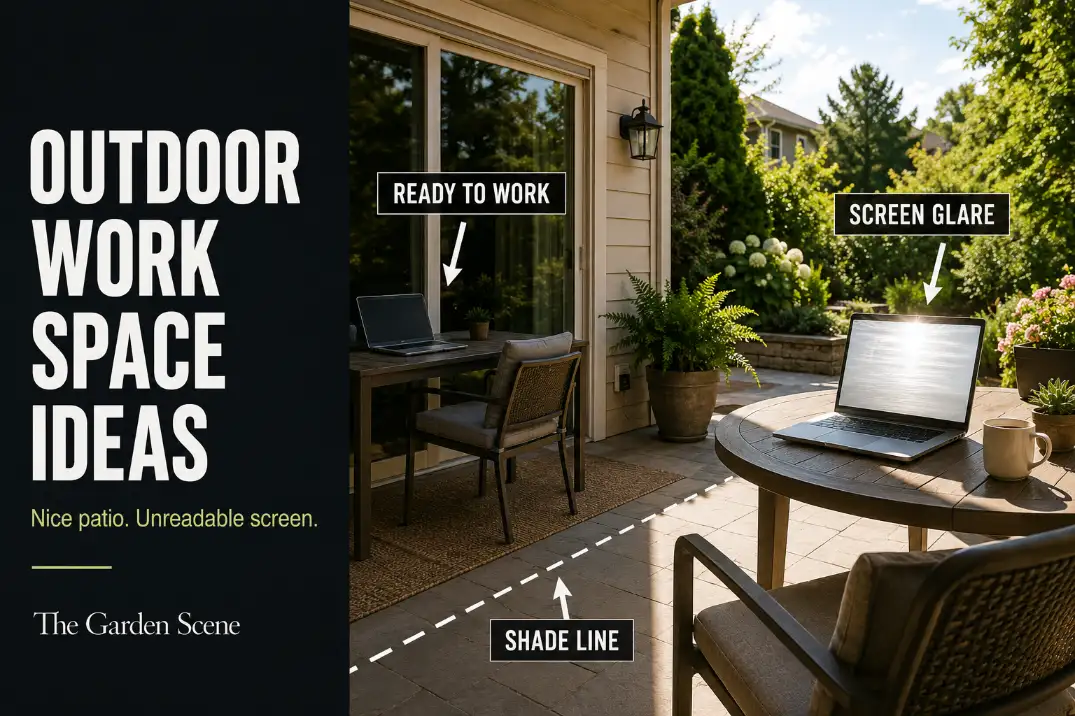 Outdoor patio work space with laptop screen glare, shade line, and a better shaded work position ready to use.