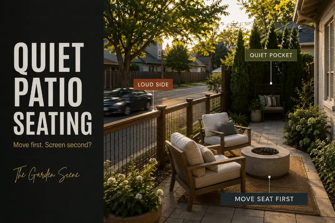 Quiet patio seating layout showing chairs moved away from the loud side toward a protected backyard corner.