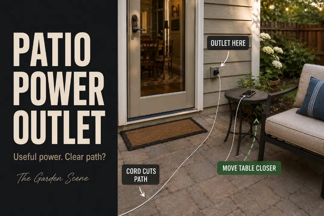 Patio power outlet with a charging cord crossing the walking path and a table that needs to move closer.