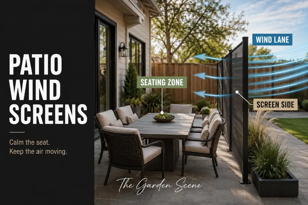 Patio wind screen blocking side wind before it reaches an unusable outdoor seating area.