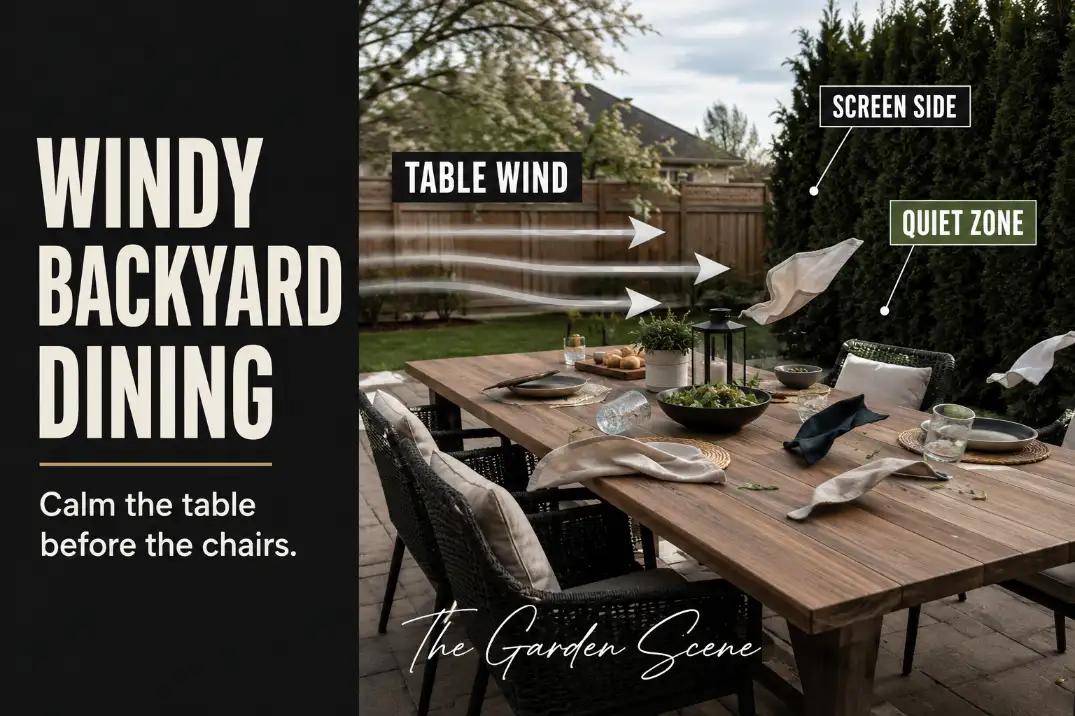 Outdoor dining table in a windy backyard with tabletop wind crossing the meal zone before reaching the chairs.