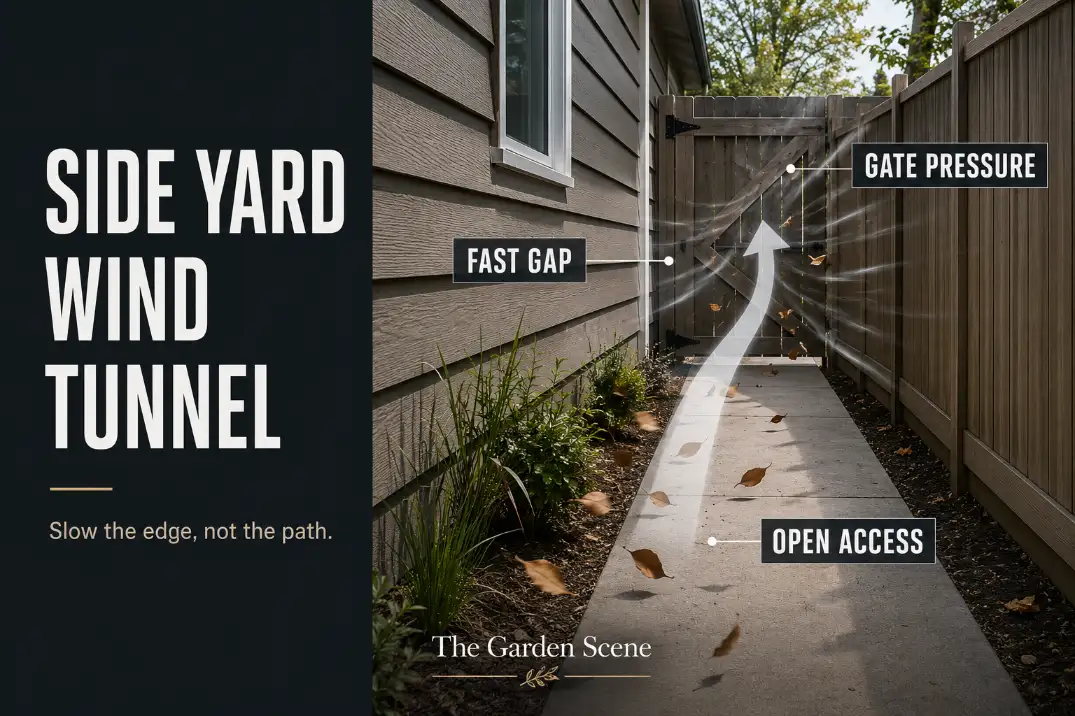Premium editorial cover showing a narrow side yard wind tunnel with fast airflow, gate pressure, and open access through the walkway.
