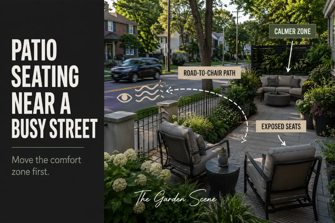 Patio seating near a busy street showing exposed chairs in the road-to-chair noise path and a calmer seating zone farther back.